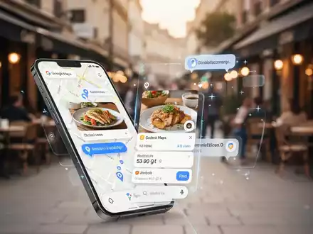 Ein Smartphone zeigt Google Maps mit einer KI-gestützten Essensbestell-Oberfläche, Chat-Bläschen und Restaurantlisten. - Foto: über boerse-global.de