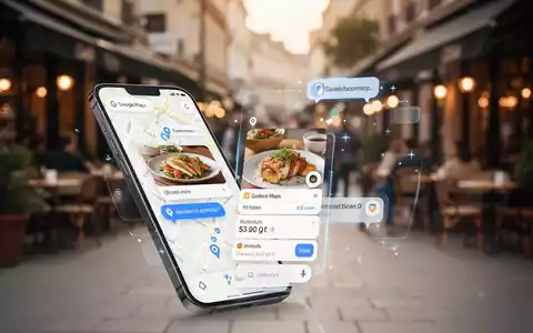 Ein Smartphone zeigt Google Maps mit einer KI-gestützten Essensbestell-Oberfläche, Chat-Bläschen und Restaurantlisten. - Foto: über boerse-global.de
