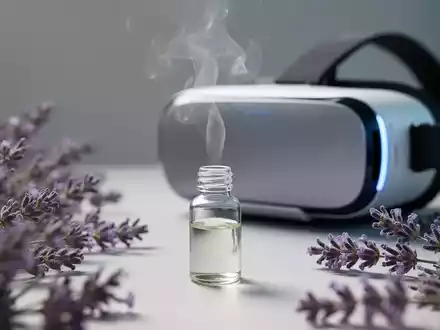 Eine Glasflasche mit ätherischem Öl, Lavendelblüten und ein VR-Headset symbolisieren Aromatherapie und Technologie zur Stressbewältigung. - Foto: über boerse-global.de