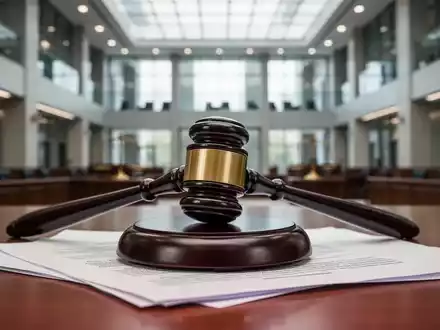 Ein Richterhammer liegt auf juristischen Dokumenten, mit einem unscharfen Hintergrund eines Gerichtsgebäudes, das Grenzen und Urteile symbolisiert. - Foto: über boerse-global.de