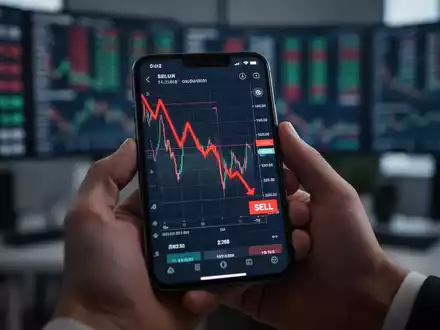 Eine Hand hält ein Smartphone mit einem Verkaufsignal auf einem Aktienchart. Im Hintergrund ein unscharfes Büroambiente. - Foto: über boerse-global.de