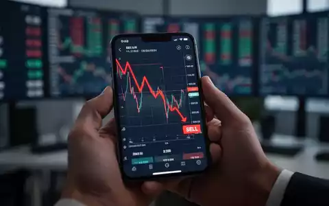 Eine Hand hält ein Smartphone mit einem Verkaufsignal auf einem Aktienchart. Im Hintergrund ein unscharfes Büroambiente. - Foto: über boerse-global.de