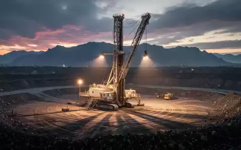 Ein großes Bohrgerät auf einer Bergbaufläche bei Sonnenaufgang, beleuchtet von künstlichen Lichtern, mit Bergen im Hintergrund. - Foto: über boerse-global.de