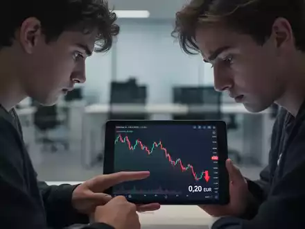 Ein junger Investor blickt besorgt auf ein Tablet mit einem stark fallenden Aktienkurs und einer roten Kerze bei 0,20 Euro. - Foto: über boerse-global.de