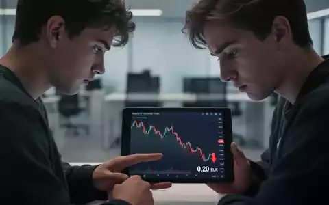 Ein junger Investor blickt besorgt auf ein Tablet mit einem stark fallenden Aktienkurs und einer roten Kerze bei 0,20 Euro. - Foto: über boerse-global.de