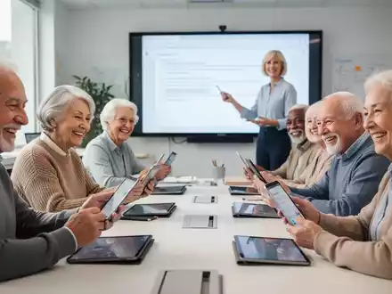 Senioren in einem Klassenzimmer, die aktiv mit Smartphones und Tablets digitale Fähigkeiten erlernen. - Foto: über boerse-global.de