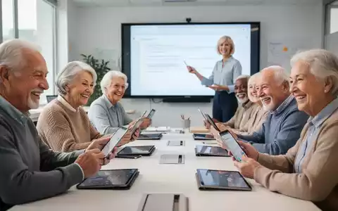 Senioren in einem Klassenzimmer, die aktiv mit Smartphones und Tablets digitale Fähigkeiten erlernen. - Foto: über boerse-global.de