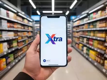 Eine Hand hält ein Smartphone mit digitaler Treuekarte in einer modernen Supermarktregalreihe, Symbol für ein neues Treueprogramm. - Foto: über boerse-global.de