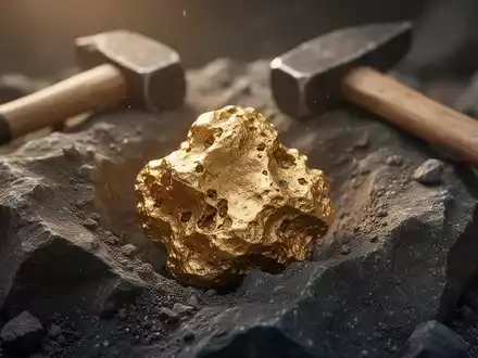 Ein großes, raues Goldnugget, teilweise in dunklem Gestein eingebettet, mit unscharfen geologischen Werkzeugen im Hintergrund. - Foto: über boerse-global.de