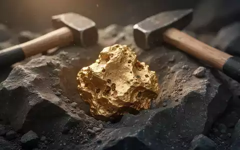 Ein großes, raues Goldnugget, teilweise in dunklem Gestein eingebettet, mit unscharfen geologischen Werkzeugen im Hintergrund. - Foto: über boerse-global.de