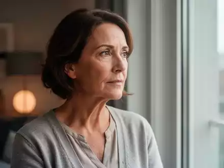 Eine nachdenkliche Frau um die 50 blickt aus einem Fenster, symbolisch für die Herausforderungen der Perimenopause. - Foto: über boerse-global.de