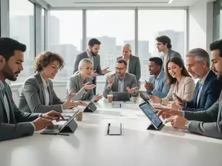 Eine Gruppe von Erwachsenen lernt in einem modernen Klassenzimmer mit Tablets und einem Konferenztisch, umgeben von natürlichem Licht. - Foto: über boerse-global.de