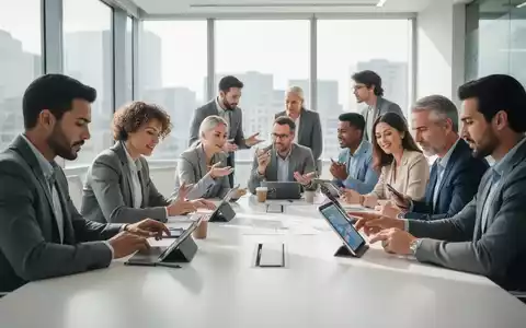 Eine Gruppe von Erwachsenen lernt in einem modernen Klassenzimmer mit Tablets und einem Konferenztisch, umgeben von natürlichem Licht. - Foto: über boerse-global.de