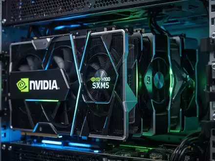 Nahaufnahme von NVIDIA H100 SXM5 GPUs und anderen Komponenten in einem Supercomputer-Rack, beleuchtet von blauem und grünem Licht. - Foto: über boerse-global.de