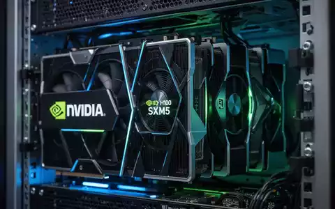 Nahaufnahme von NVIDIA H100 SXM5 GPUs und anderen Komponenten in einem Supercomputer-Rack, beleuchtet von blauem und grĂĽnem Licht. - Foto: ĂĽber boerse-global.de