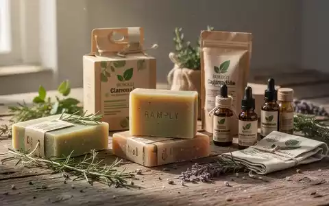 Umweltfreundliche Reinigungsprodukte und DIY-Zutaten, wie Naturseifenstücke und Kräuter, auf einer Holzoberfläche mit weichem Licht. - Foto: über boerse-global.de