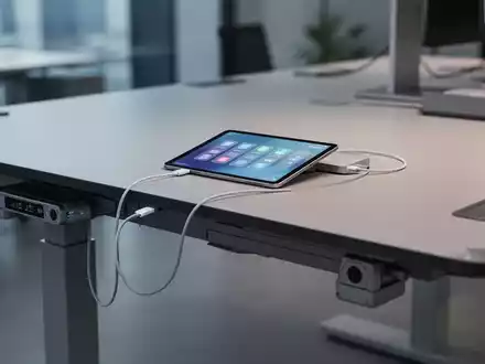 Ein moderner, höhenverstellbarer Schreibtisch mit Tablet, das eine Steuerungs-App anzeigt, und einem USB-C-Anschluss in einem Büro. - Foto: über boerse-global.de