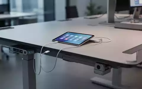 Ein moderner, höhenverstellbarer Schreibtisch mit Tablet, das eine Steuerungs-App anzeigt, und einem USB-C-Anschluss in einem Büro. - Foto: über boerse-global.de