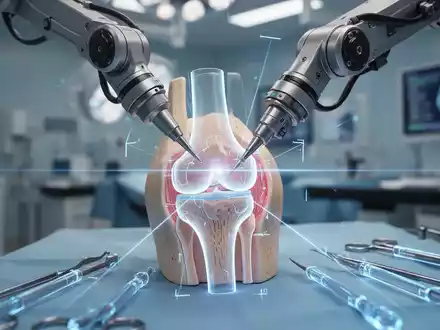 Ein robotergestützter Arm führt eine präzise Operation an einem Kniegelenkmodell durch, umgeben von futuristischen chirurgischen Instrumenten. - Foto: über boerse-global.de