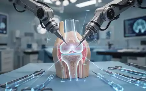 Ein robotergestützter Arm führt eine präzise Operation an einem Kniegelenkmodell durch, umgeben von futuristischen chirurgischen Instrumenten. - Foto: über boerse-global.de