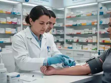 Eine Apothekerin nimmt einem Patienten Blut ab, im Hintergrund sind Medikamentenregale zu sehen. - Foto: über boerse-global.de