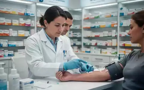 Eine Apothekerin nimmt einem Patienten Blut ab, im Hintergrund sind Medikamentenregale zu sehen. - Foto: ĂŒber boerse-global.de