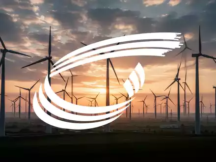Ein modernes Windparkfeld bei Sonnenaufgang, Windturbinen ragen in den Himmel. Die Szene vermittelt Wachstum und industrielle Größe. - Foto: über boerse-global.de