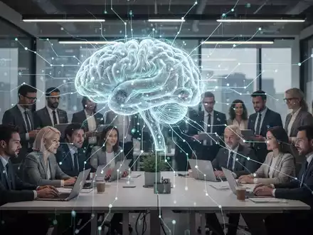 Eine futuristische KI-Schnittstelle verbindet sich mit einem Team von Fachleuten in einem modernen Büro, das HR-Innovationen darstellt. - Foto: über boerse-global.de