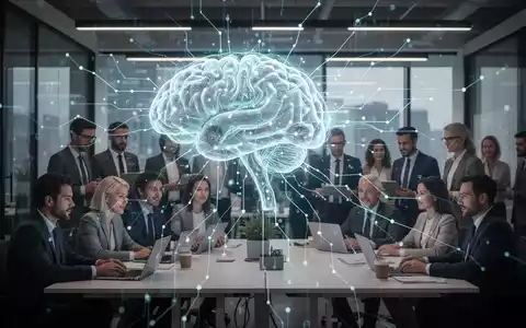 Eine futuristische KI-Schnittstelle verbindet sich mit einem Team von Fachleuten in einem modernen Büro, das HR-Innovationen darstellt. - Foto: über boerse-global.de
