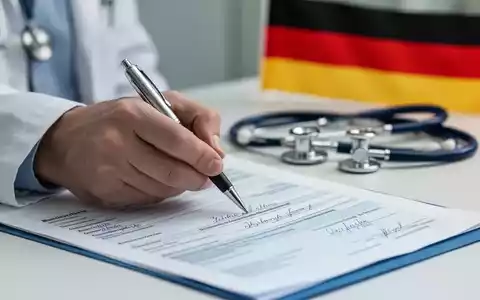 Eine Nahaufnahme der Hand eines Arztes, der eine Krankschreibung ausfüllt, mit einem Stethoskop und der deutschen Flagge im Hintergrund. - Foto: über boerse-global.de