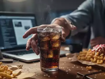 Eine Hand greift nach einem zuckerhaltigen Getränk, im Hintergrund ein Schreibtisch mit Laptop und ungesunden Snacks, verschwommen. - Foto: über boerse-global.de