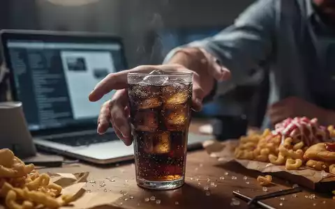 Eine Hand greift nach einem zuckerhaltigen Getränk, im Hintergrund ein Schreibtisch mit Laptop und ungesunden Snacks, verschwommen. - Foto: über boerse-global.de