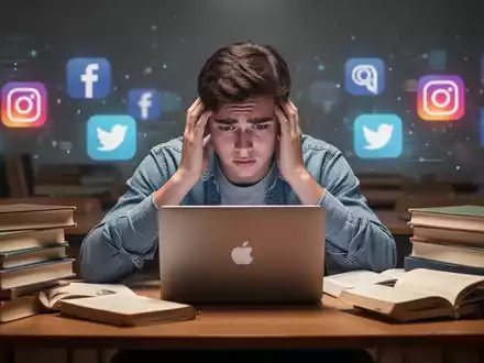 Ein überforderter Student an einem Schreibtisch mit Büchern und Laptop, umgeben von verschwommenen digitalen Ablenkungen. - Foto: über boerse-global.de
