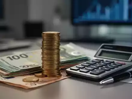 Ein Stapel Euromünzen und Banknoten mit einem Taschenrechner und einem Stift auf einem Schreibtisch, der finanzielle Änderungen symbolisiert. - Foto: über boerse-global.de