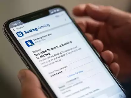 Smartphone zeigt Phishing-Mail als Bankbenachrichtigung, Hände halten es. - Foto: über boerse-global.de