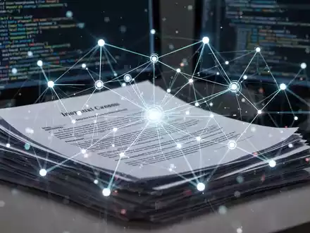 Glühendes Netzwerk digitaler Verbindungen über Rechtsdokumenten und einem Computerbildschirm, symbolisiert Legal-Tech-Integration. - Foto: über boerse-global.de