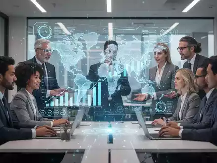 Geschäftsleute in einem modernen Büro, die um eine holographische Projektion mit globalen Verkaufsdaten und KI-Einblicken zusammenarbeiten. - Foto: über boerse-global.de