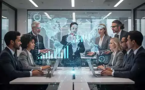 Geschäftsleute in einem modernen Büro, die um eine holographische Projektion mit globalen Verkaufsdaten und KI-Einblicken zusammenarbeiten. - Foto: über boerse-global.de