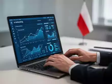 Hände tippen auf einem Laptop, der eine digitale Schnittstelle mit E-Rechnungsdaten anzeigt, im Hintergrund eine polnische Flagge. - Foto: über boerse-global.de