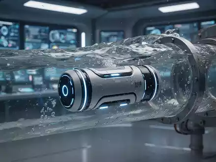 Fortschrittlicher zylindrischer autonomer Roboter mit blauen Leuchtsensoren in einer klaren Wasserleitung, moderne Wasserinfrastruktur-Inspektion. - Foto: über boerse-global.de