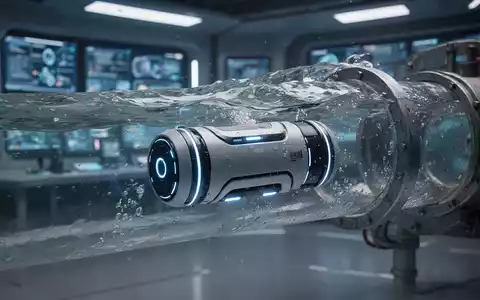 Fortschrittlicher zylindrischer autonomer Roboter mit blauen Leuchtsensoren in einer klaren Wasserleitung, moderne Wasserinfrastruktur-Inspektion. - Foto: über boerse-global.de