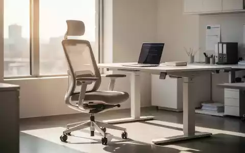 Ein moderner, ergonomischer Bürostuhl vor einem höhenverstellbaren Schreibtisch in einem hellen Büro. Sonnenlicht fällt durch ein Fenster. - Foto: über boerse-global.de