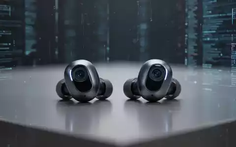 Futuristische kabellose Ohrhörer mit integrierten Kameralinsen auf reflektierender Oberfläche, Symbol für ausgesetzte Technologieentwicklung. - Foto: über boerse-global.de