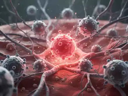 Nahaufnahme von Immunzellen, die mit Gewebe interagieren, mit einem subtilen Leuchten um aktive Zellen, was Forschung darstellt. - Foto: über boerse-global.de
