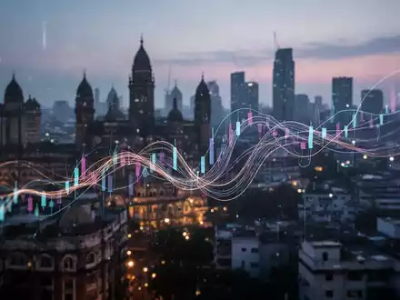 Abstrakte Darstellung von Finanzdatenfluss mit Leuchtlinien, die Abflüsse symbolisieren, vor der Skyline von Mumbai. - Foto: über boerse-global.de