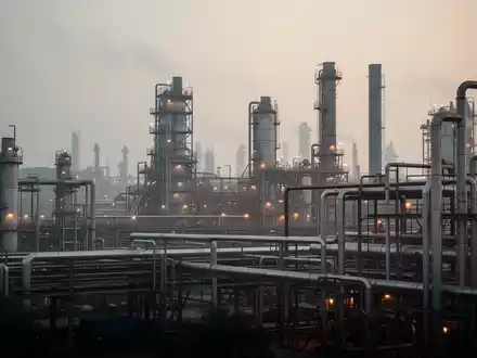 Eine indische Industrieanlage mit Schornsteinen und komplexen Rohrsystemen unter einem diesigen Himmel, die Umweltauflagen und Handel symbolisiert. - Foto: über boerse-global.de