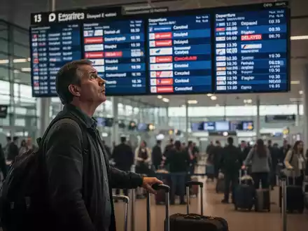 Ein frustrierter Reisender blickt auf eine Abflugtafel mit Verspätungen und Annullierungen in einem geschäftigen Flughafen. - Foto: über boerse-global.de