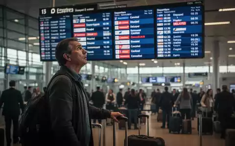 Ein frustrierter Reisender blickt auf eine Abflugtafel mit Verspätungen und Annullierungen in einem geschäftigen Flughafen. - Foto: über boerse-global.de