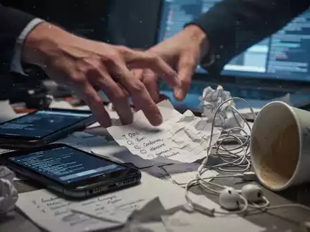 Eine Hand greift in ein chaotisches Durcheinander von Alltagsgegenständen, das Stress und Zeitdruck symbolisiert. - Foto: über boerse-global.de
