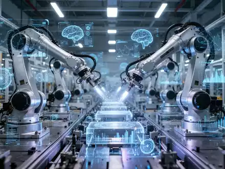 Roboterarme arbeiten in einer hochmodernen Fabrik, umgeben von digitalen Datenvisualisierungen, die Automatisierung und KI darstellen. - Foto: über boerse-global.de